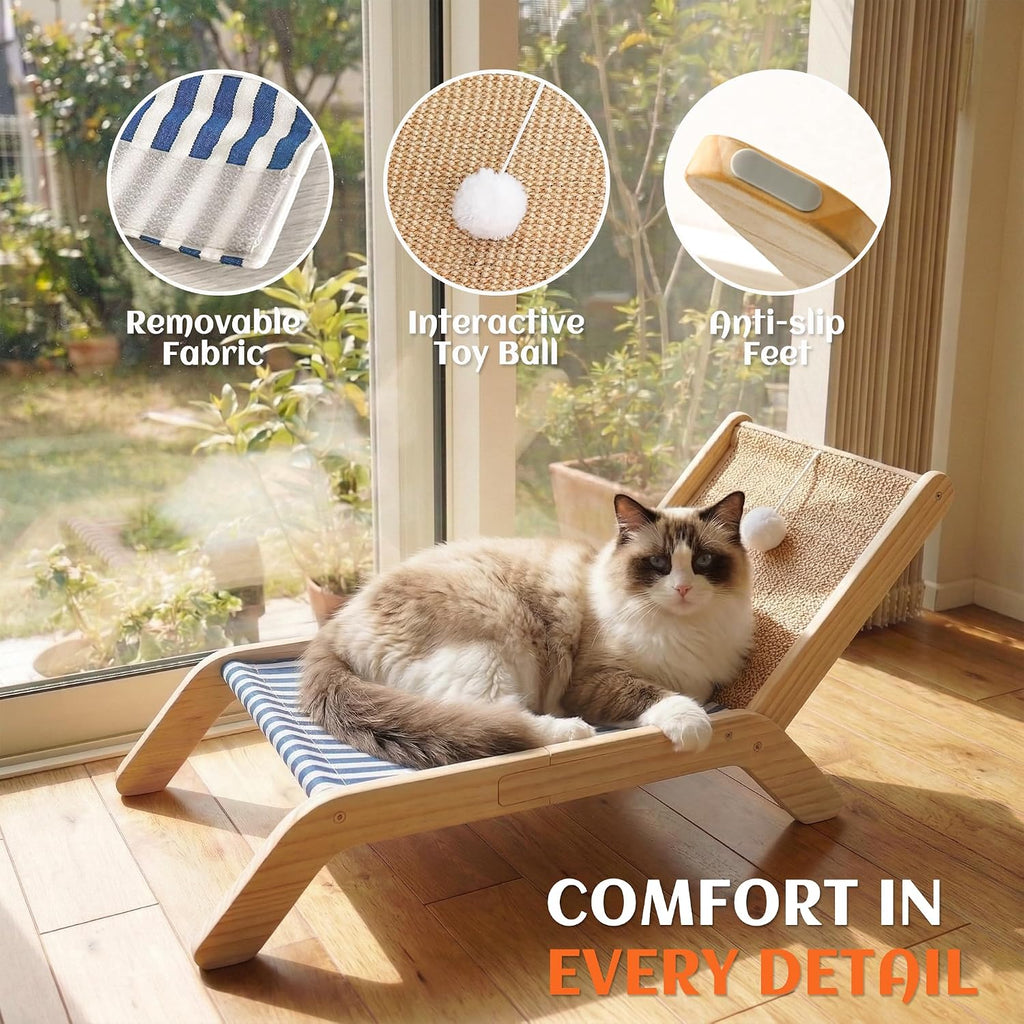 Cat Hammock with Coconut Palm Tree Scratching Post, Cozy Beach Chair Elevated Cat Beds, Original Lounger for Indoor
