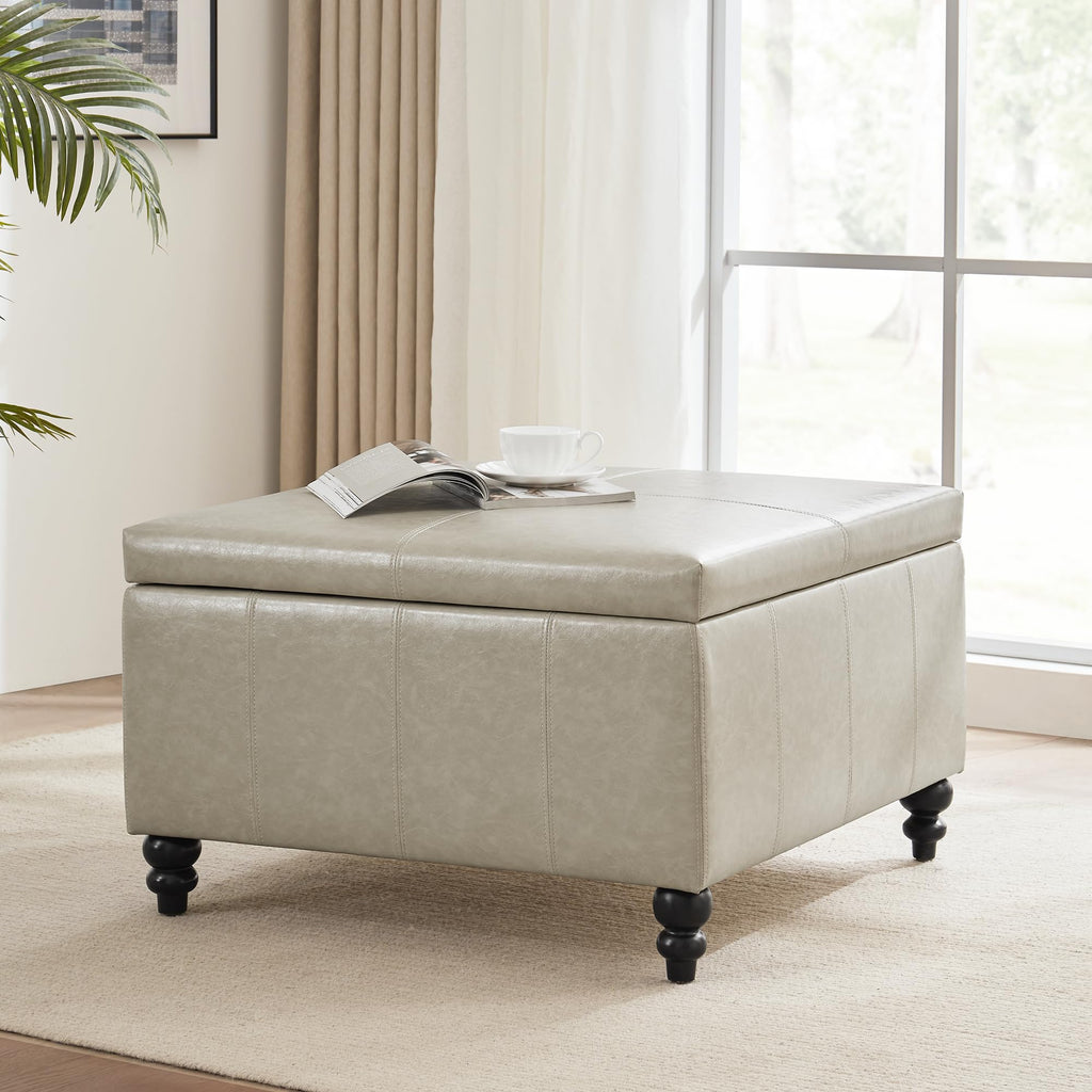 Square Storage Ottoman, Tufted Leather Ottoman (Khaki)