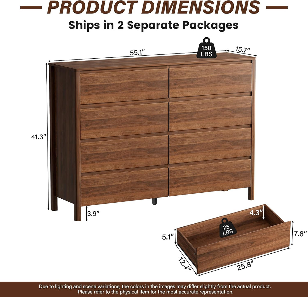 55" Mid-Century Modern Dresser , 8 Drawer Wide Chest of Drawers with Wood Legs, Large Storage Bedroom Dresser, Walnut