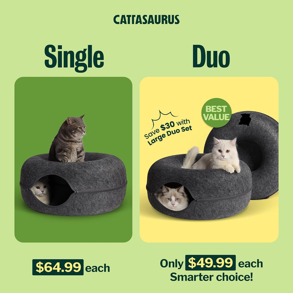 Peekaboo Cat Cave Donut for Multiple & Large Cats up to 30-45 lbs, 3-in-1 Self Warming Cat Bed, Tunnel & Scratcher