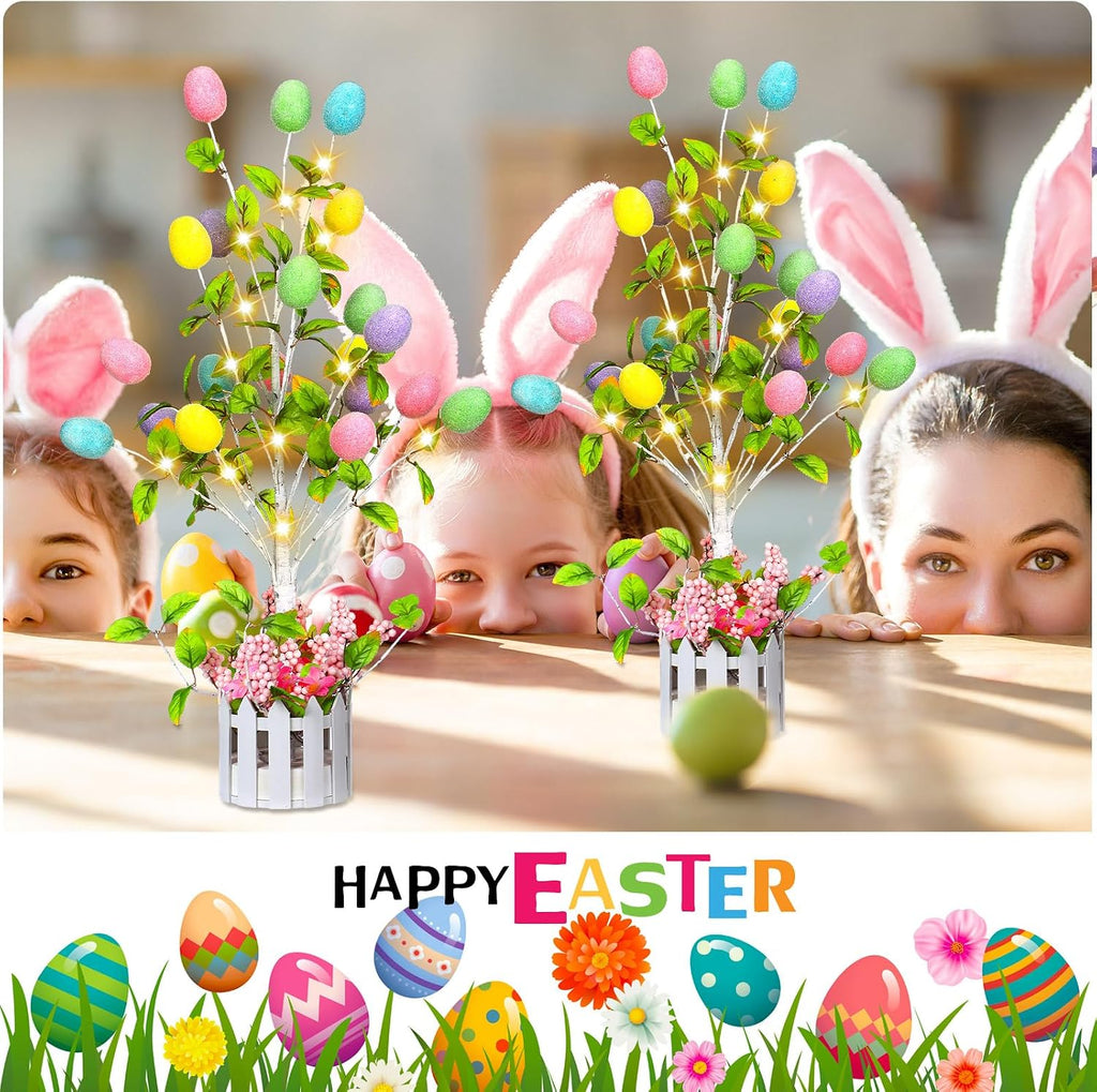 24 Inch Tall Lighted Easter Egg Tree Tabletop Decoration with LED Light Indoor Glow Easter Egg Tree Table Decor Party