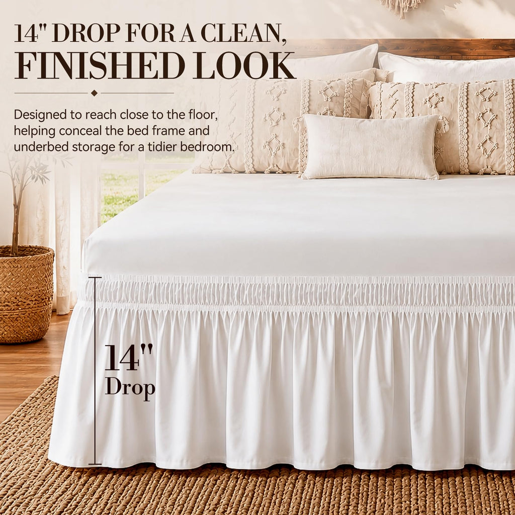 White King Bed Skirt 14 Inch Drop, Elastic Wrap Dust Ruffle