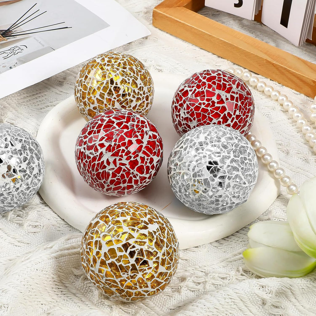 Decorative Balls for Bowls, 2.4 Inch Mosaic Sphere Balls Decorative, Mosaic Glass Orbs Centerpiece Balls - Set of 6