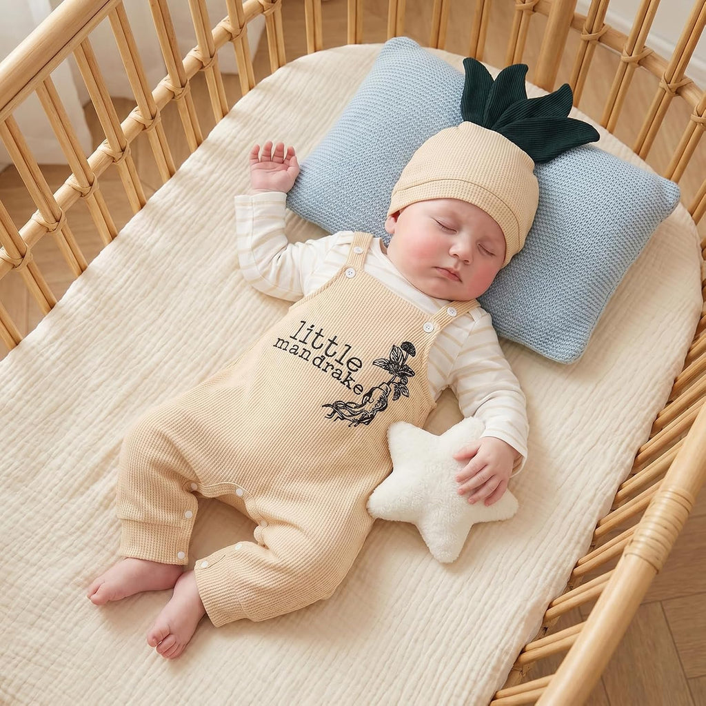 Newborn Baby Boy Fall Outfit Long Sleeve Striped Romper Top Letters Embroidery Waffle Knit Overalls Pants Hat Set