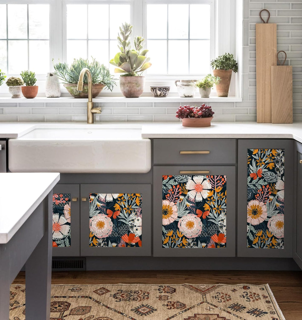 Navy Floral Peel and Stick Wallpaper Boho Mural 17.3in x 32.8ft | Vintage Textured Wall Paper Renter Friendly