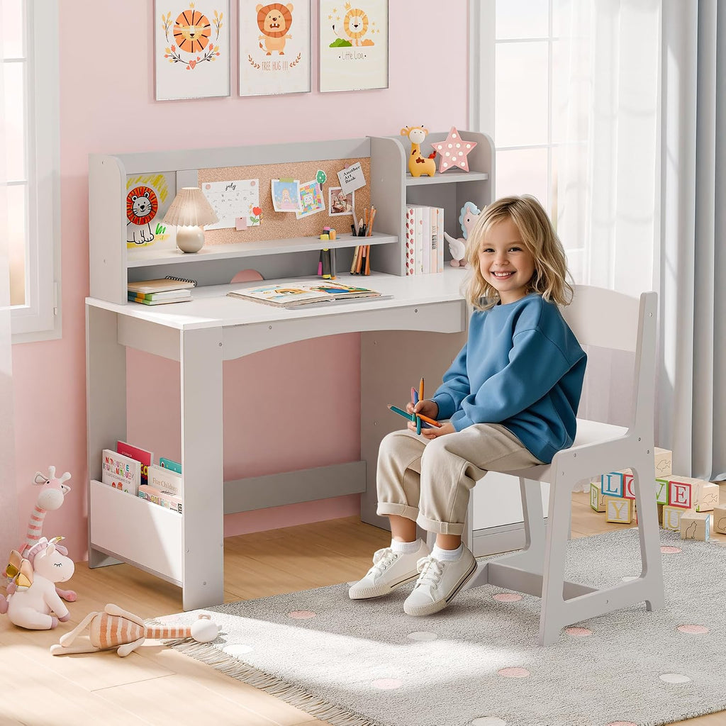 Kids Desk and Chair Set, Wooden Desk for Kids with Tiltable Desktop & Hutch, Kid Desk with Storage Cabinet, Study