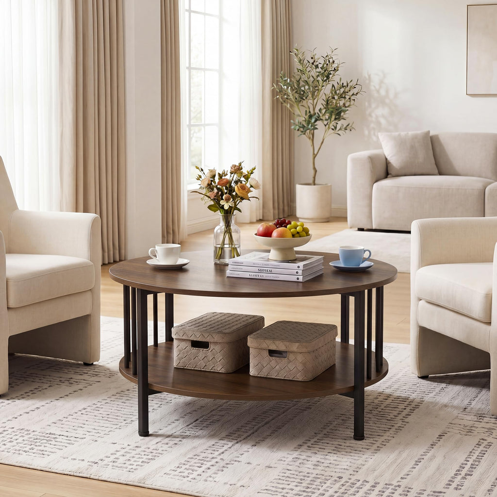 Farmhouse Round Coffee Table, 32.5" Wood Center Table with Storage & Metal Slatted Sides Frame, 2-Tier Accent