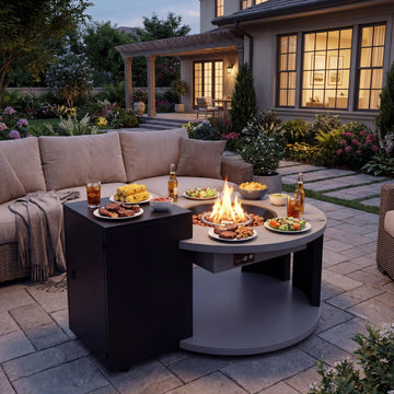 Round Outdoor Fire Table with Propane Tank Cabinet, Aluminum Alloy Fire Pit Table Grey & Black 42"W x 31.5"D