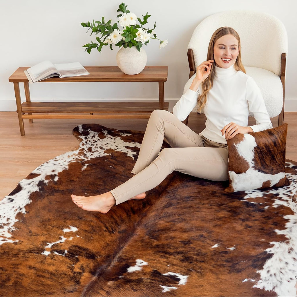 100% Genuine Brazilian Cowhide Rug - Tricolor - Luxury Cowskin Leather Area Rug Décor 7 x 6 feet