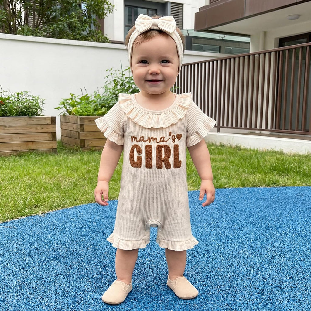 Baby Girl Summer Outfit Romper Hi I'm New Here Embroidery Ruffle Jumpsuit Infant Waffle Knit Clothes