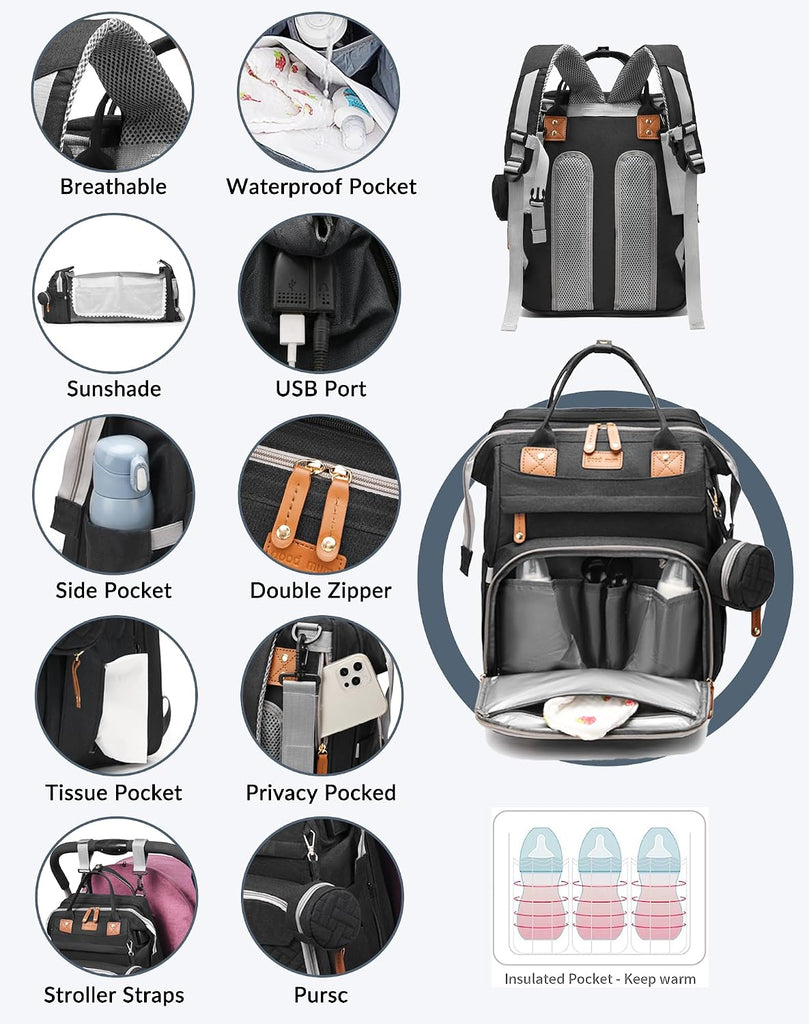 Baby Diaper Bag with Changing Station, Waterproof Diaper Bag Backpack for Moms Dads with USB Charging Port, Baby