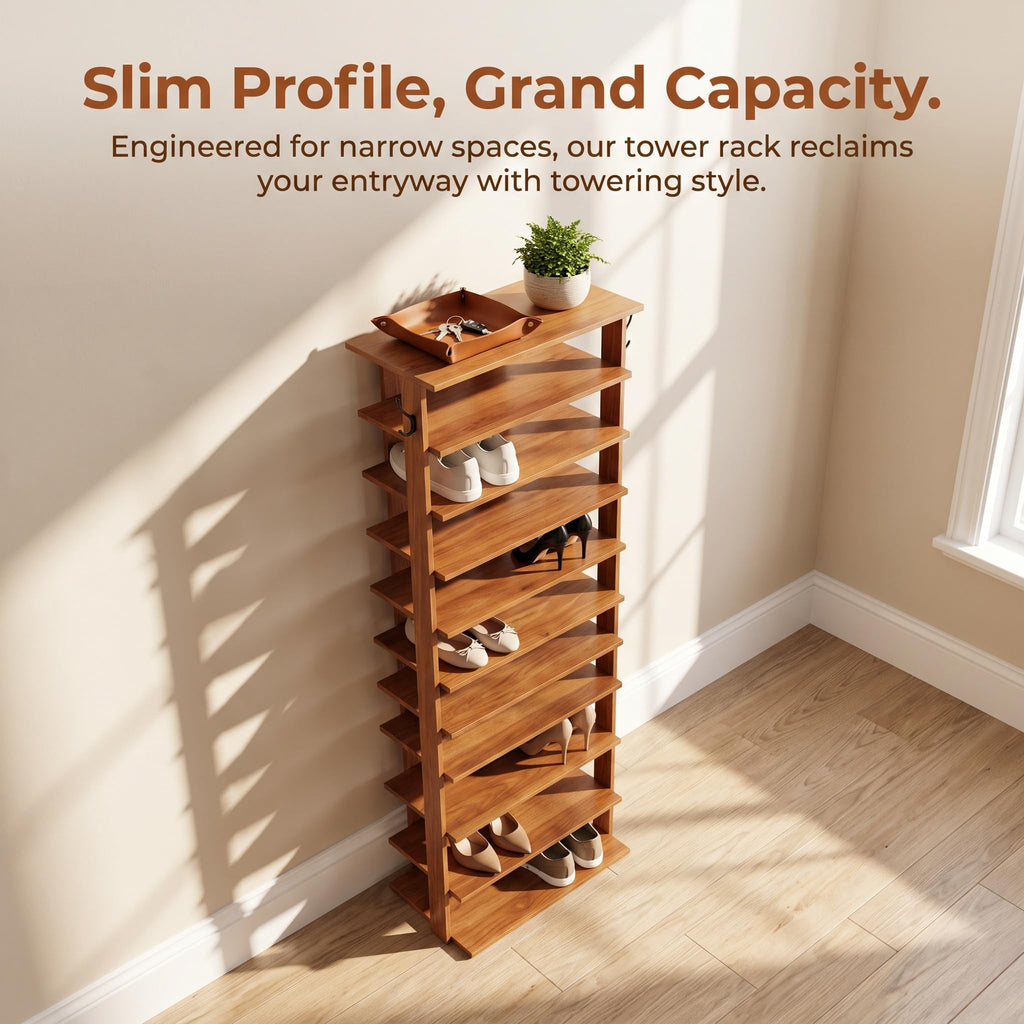 10-Tier Corner Shoe Tower - Double Rows, Slim Shoe Stand for 20 Pairs - Entryway, Hallway, Closet (Walnut)