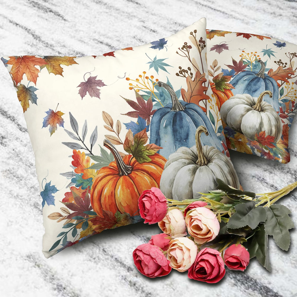 Fall Blue Orange Pumpkin Pillow Covers 20x20 Set of 2 Autumn Maple Leaves Outdoor Pillow Cases Thanksgiving Harvest