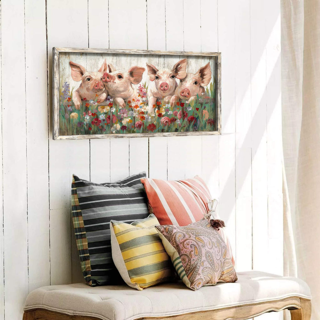 Pig Wooden Framed Wall Art: Rustic Farmhouse Artwork Funny Cute Pink Piggy Farm Animal Picture Print Countryside
