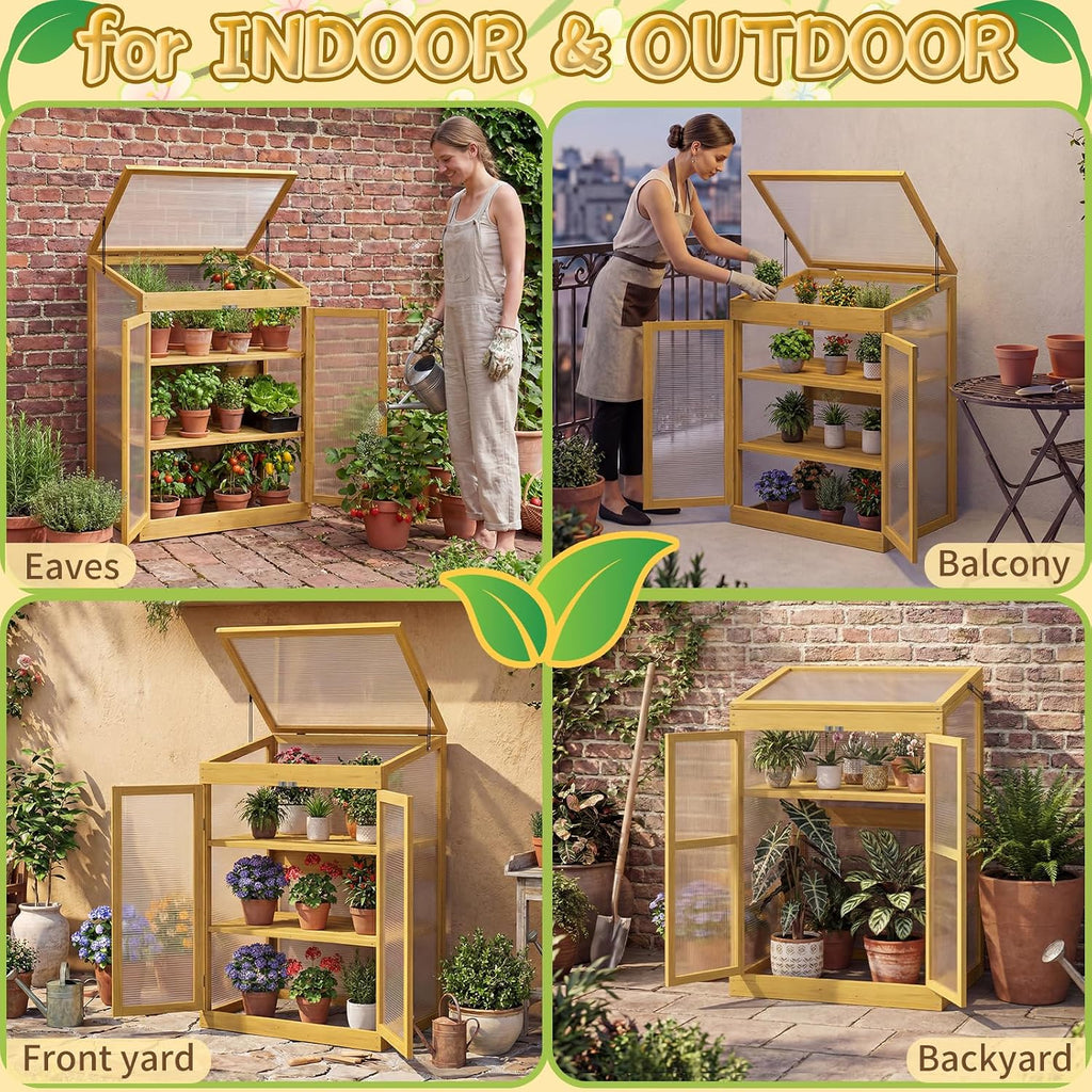 Wooden Cold Frame Greenhouse, Garden Portable Mini Solid Wood Greenhouse Cabinet with Transparent Flip-Top Roof