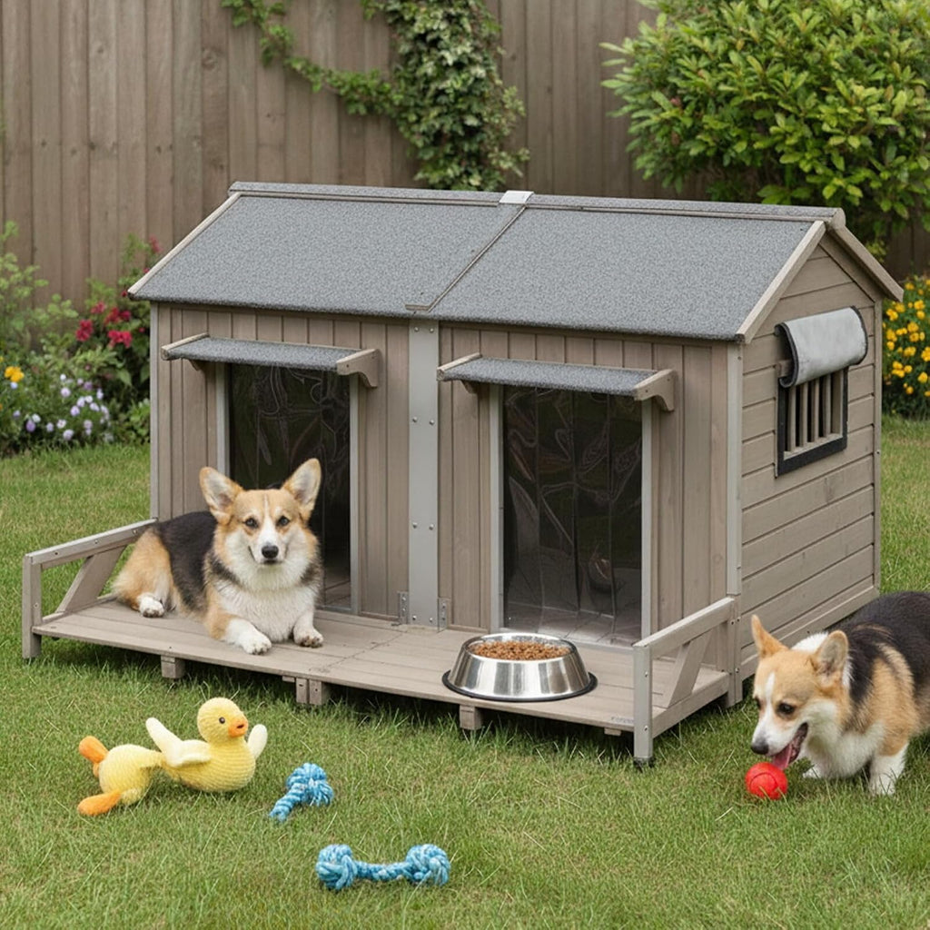 59''L Extra Large Dog House with 2 Doors, Wooden XL Dog House Outdoor Weatherproof with Chew-Proof Iron Frame