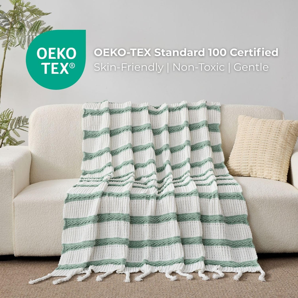 Boho Knitted Chenille Blanket with Tassels - Lightweight & Soft All-Season Throw - 3D Classic Pattern Bedroom Couch