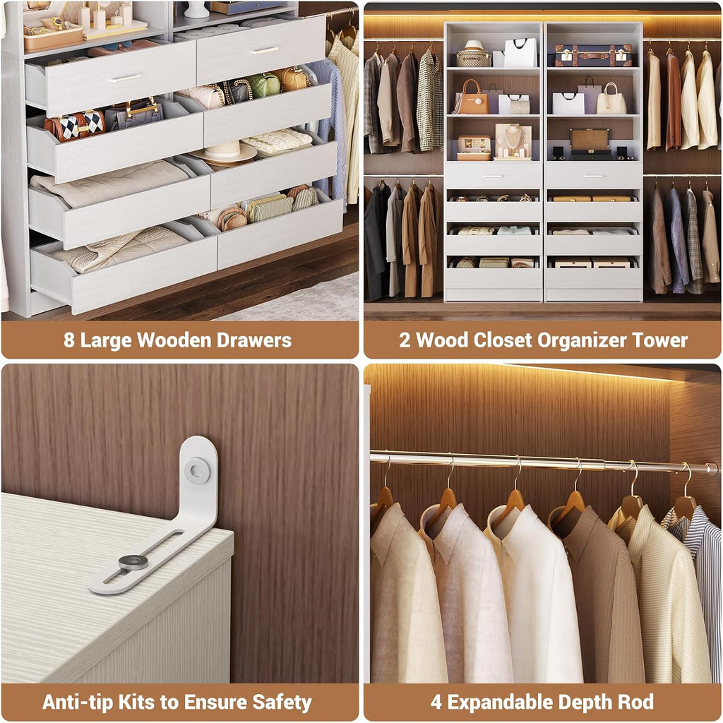 Closet System with 12 Drawers, 8.5-11.5Ft Wood Closet Organizer System with 4 Hanging Rods & 3 Towers, 4Ft & 6Ft