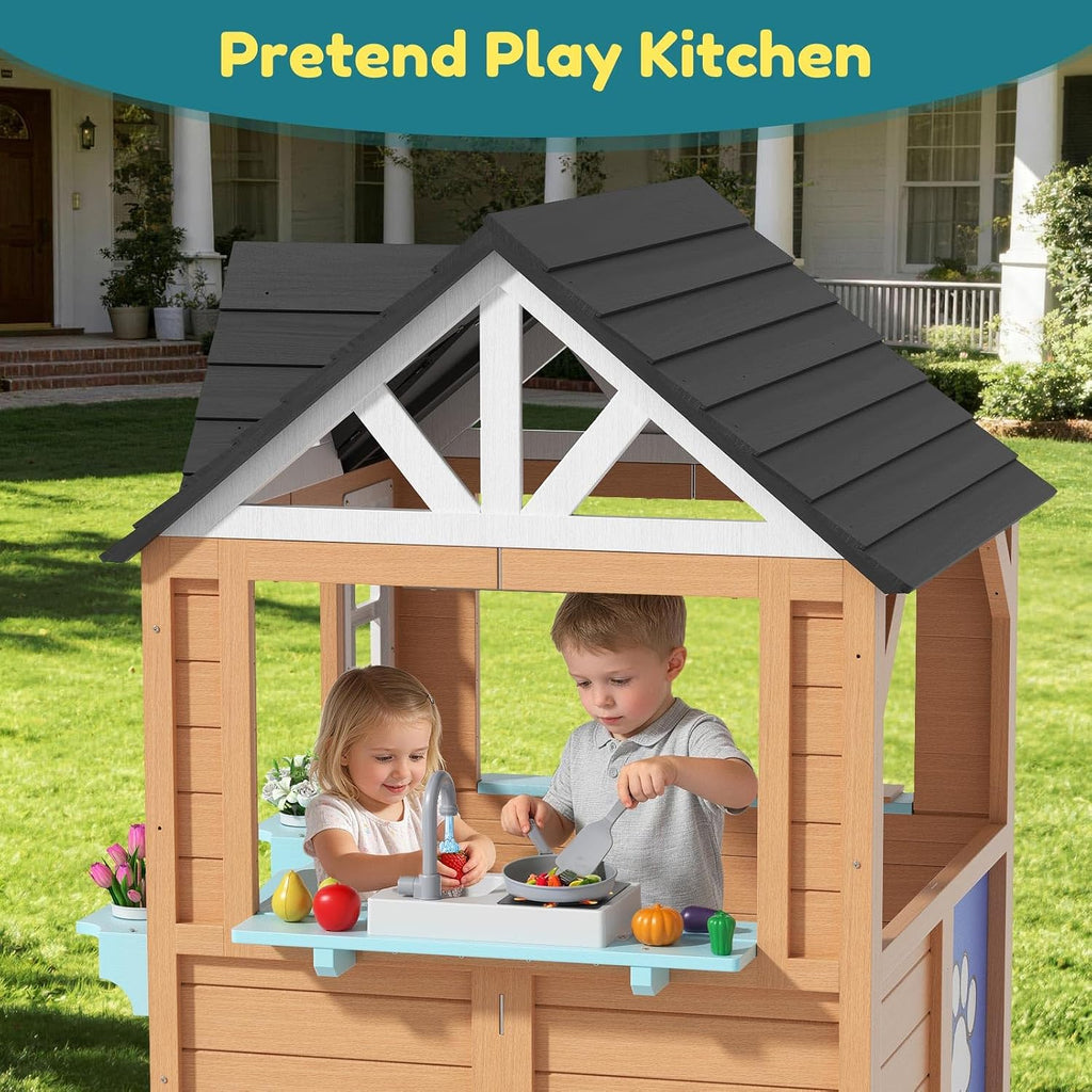 Wooden Outdoor Playhouse for Kids with Pretend Play Ages 3-8 | For Kids, Create Backyard Pretend Play with Kitchen