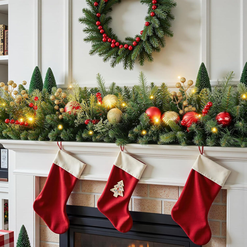 9FT Artificial Christmas Prelit Garland with 50 White Light, Pulg , Pine Cones, Gold and Red Ball, Red Berris