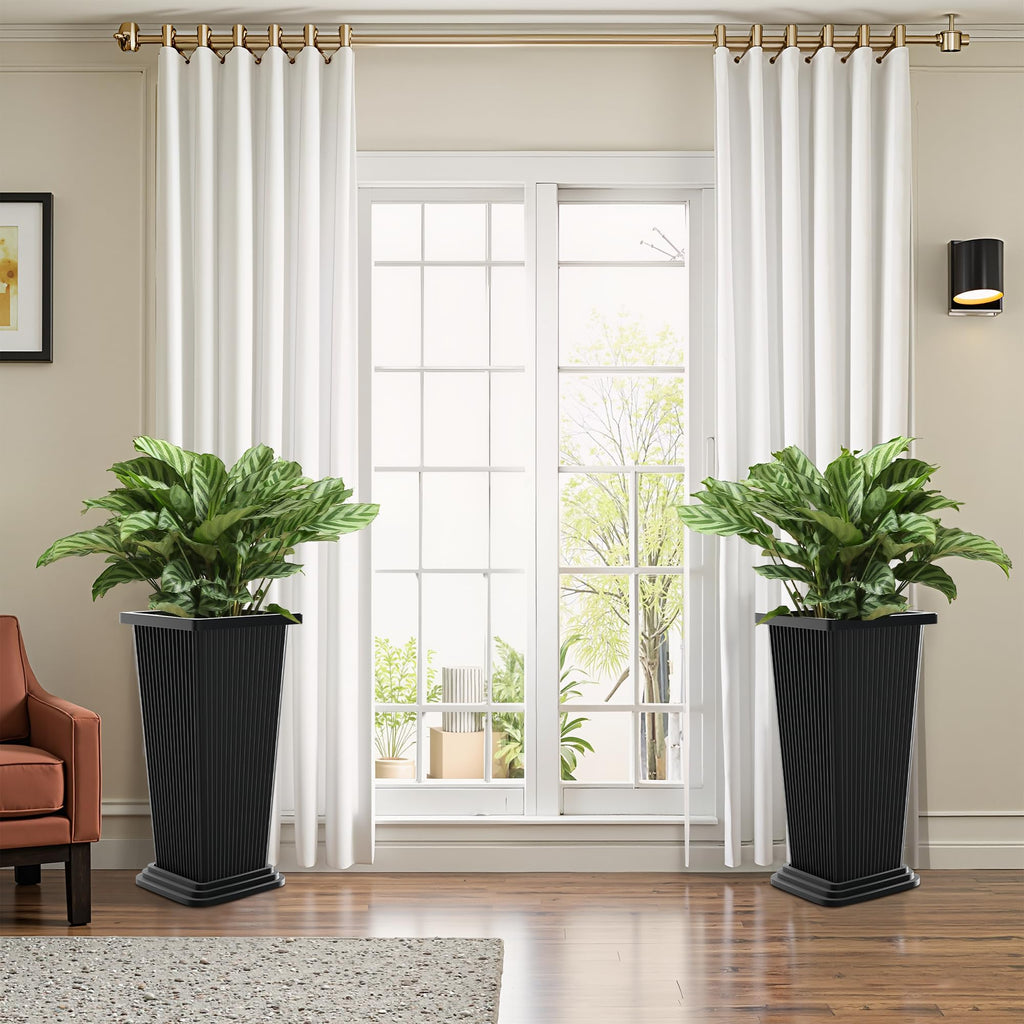Set of 2 Tall Planters for Outdoor Plants, Black Ribbed