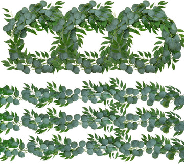 Artificial Eucalyptus Garland with Willow Leaves Each 6.5 Feet Faux Greenery Garland for Wedding Arch Mirror - Set of 6