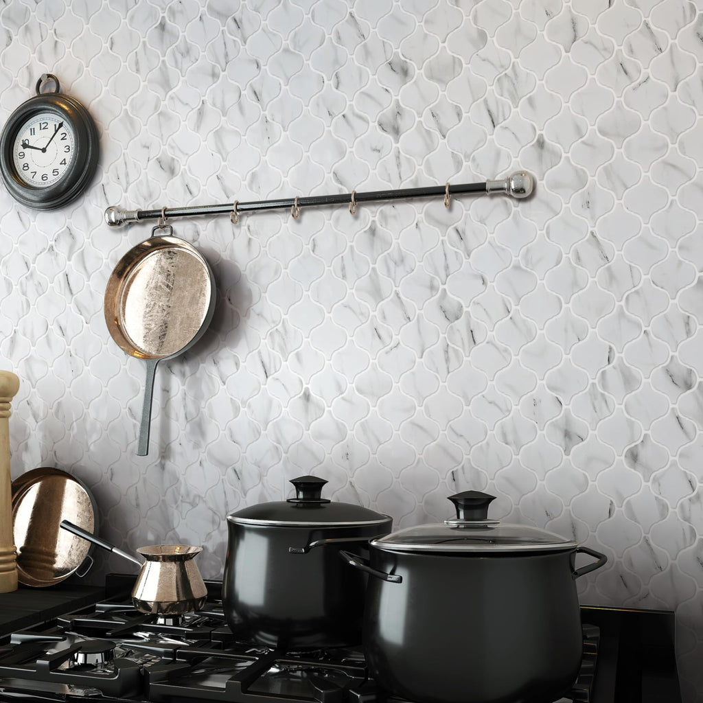 White Arabesque Glass Mosaic Tile, Carrara Marble Look Lantern Pattern, Matte Finish Backsplash Tile, Shower Wall &