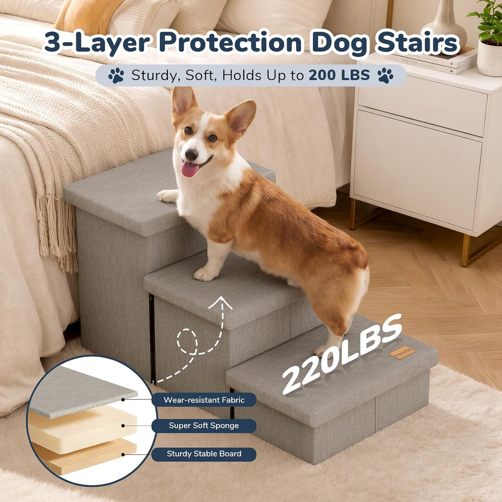 3-Step Dog Stairs for Large Dogs with Storage 18" H, Light Grey