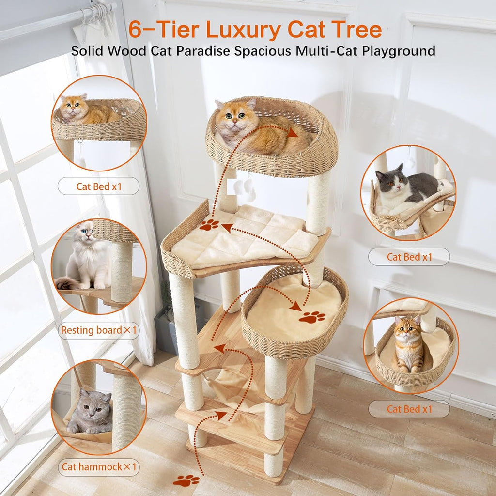 Wooden Cat Tree for Indoor Cats, 62 in Tall Cat Tower