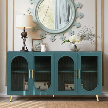 Glass Door Storage Sideboard with Gold Metal Handles&Legs, Modern Coffee Bar Buffet Cabinet with Adjustable Shelf