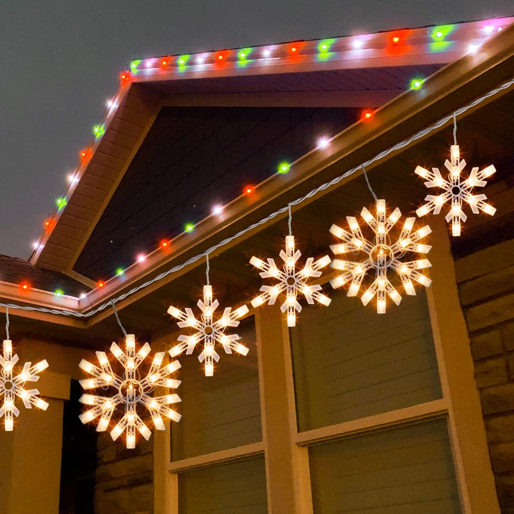 Christmas Snowflake Lights Outdoor,100 Count 8.5FT Connectable Waterproof Christmas Icicle Lights with 6 Drops Plug