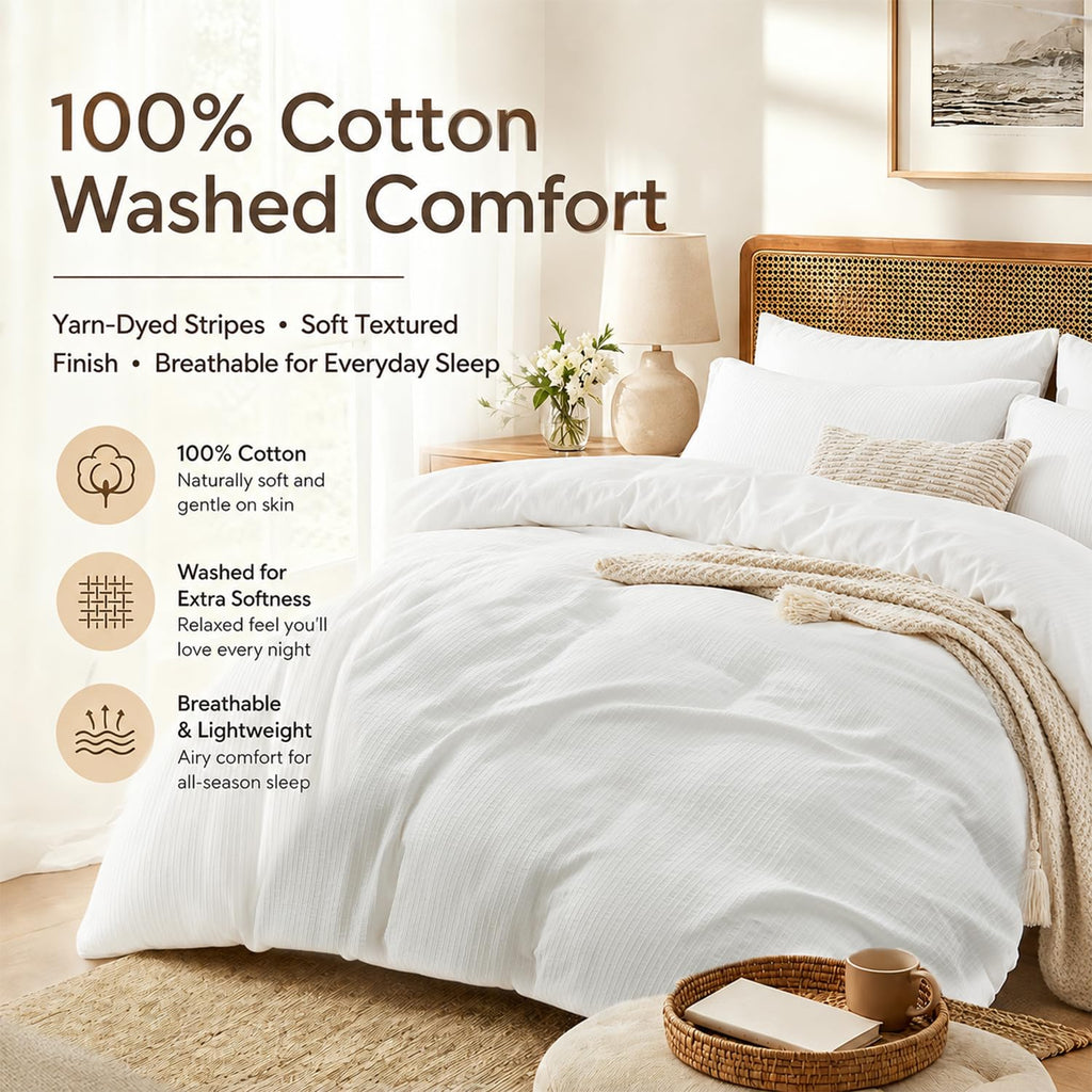 100% Washed Cotton Textured Striped Duvet Cover - Soft Breathable Lightweight Jacquard Bedding Set 3 Pieces