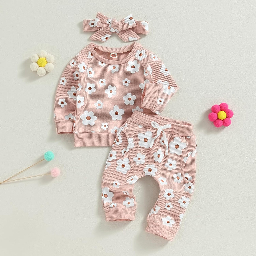 Fall Baby Girl Clothes Waffle Knit Floral Pullover Sweatshirt Long Sleeve Shirt Top Pants Cute Winter Outfit Set