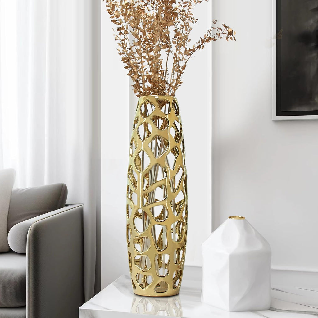 Large Modern Ceramic Floor Vase 24'' H Gold | Handmade Flower Holder Hand Carved Sophisticated Vessel for Decorative