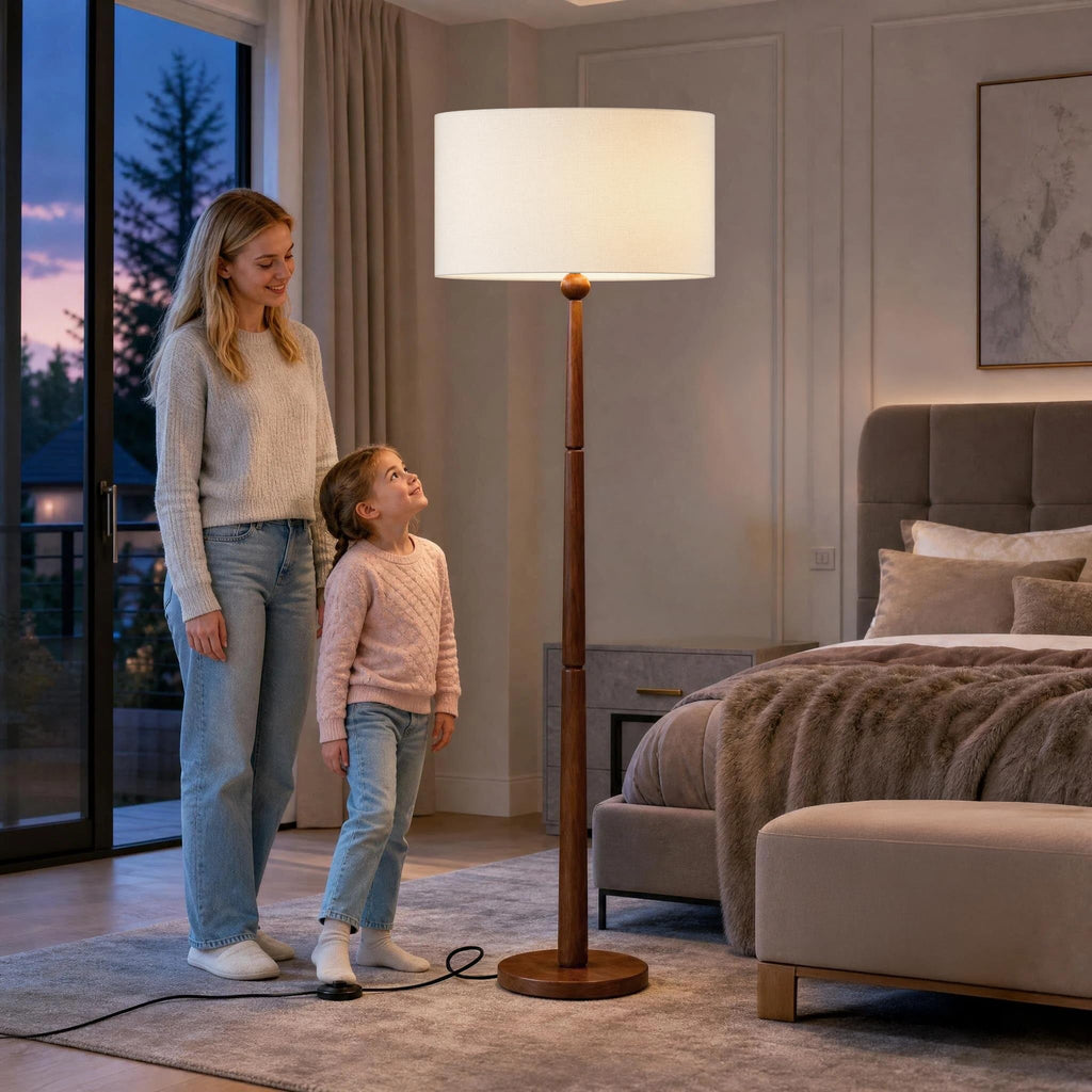 65 Inch Single Ball Walnut Wood Floor Lamp with Linen Shade, Cream