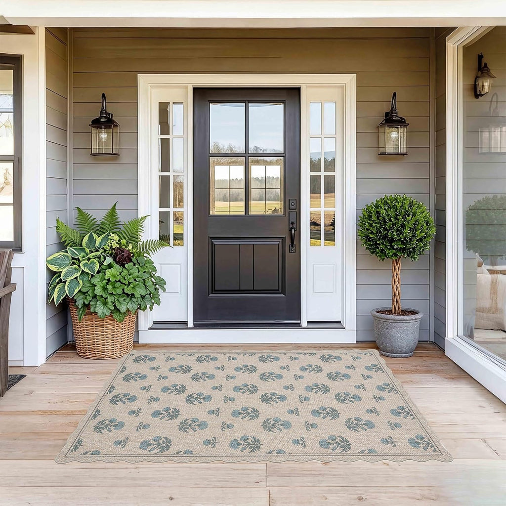 Scalloped Easy Jute 3x5 Area Rug Vintage Blue Floral Farmhouse Washable Rug Non-Slip Indoor Outdoor 