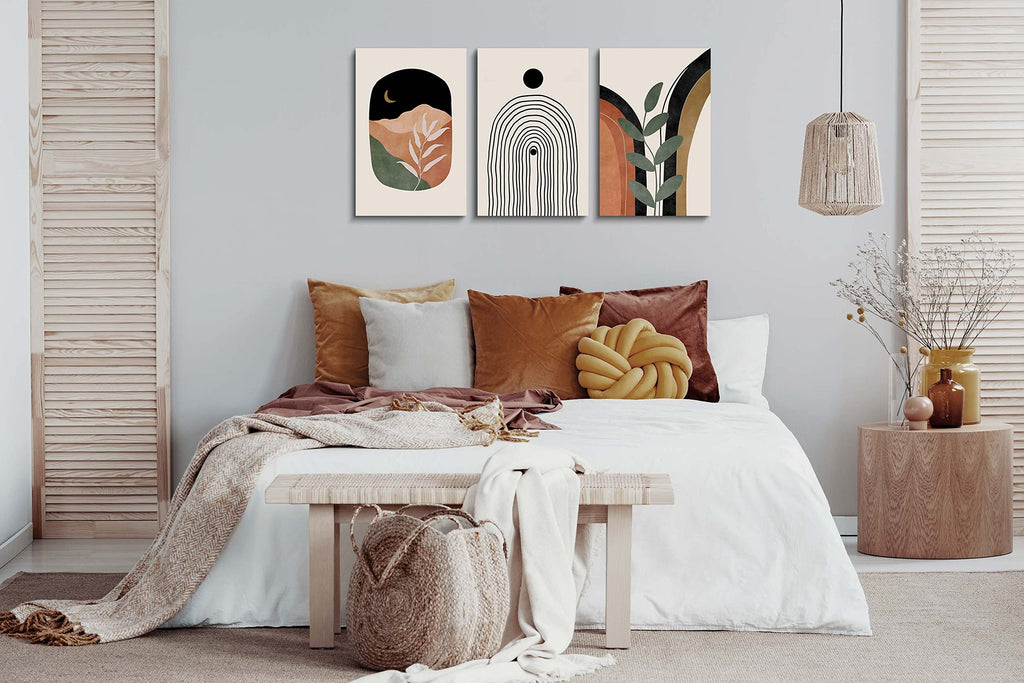 Boho Wall Art Prints Set of 3, Boho Wall Decor, Mid Century Modern Prints Sun Moon Leaf Mountain Canvas Wall