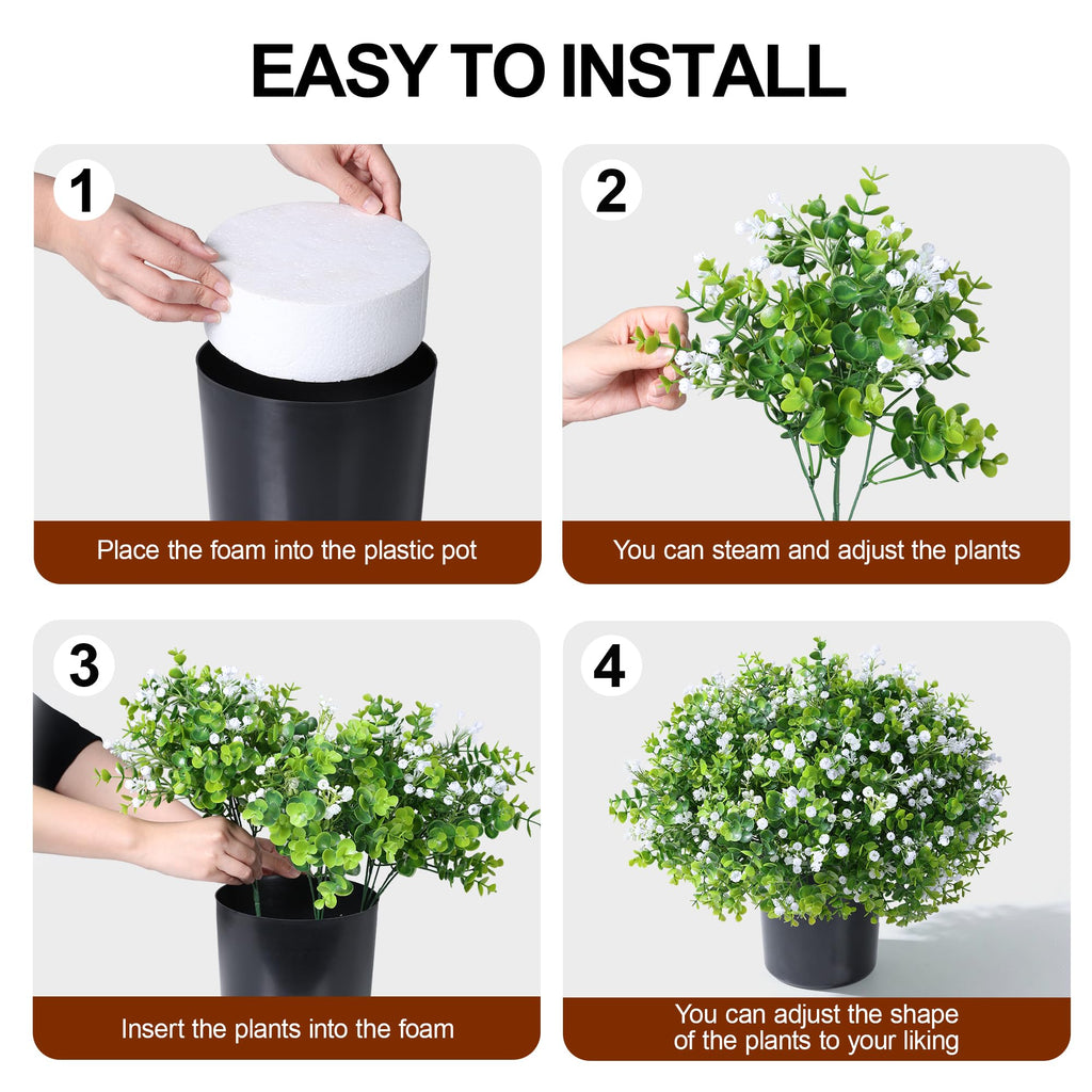 Fake Plants Artificial Flowers for Outdoors Decor, 2 Pack Fake Potted Plants Baby Breath With Green Eucalyptus Look