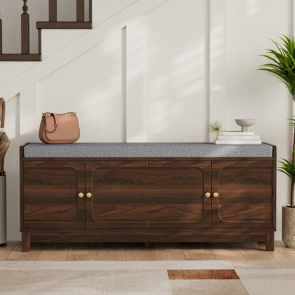 2-Tier Shoe Storage Bench w/4 Doors & Thickened Padded Seat Cushion, Walnut