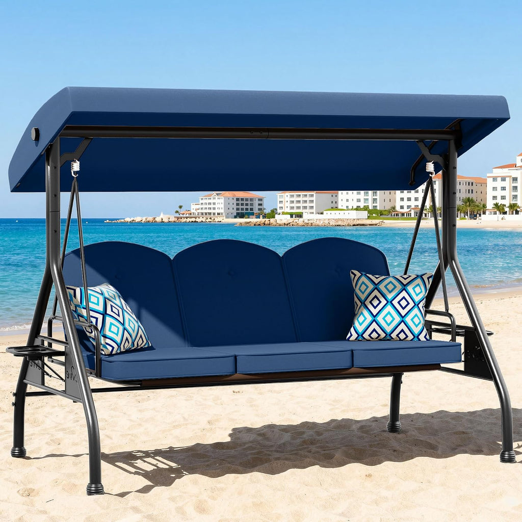 Patio Swing with Adjustable Canopy 3-Seat Outdoor Porch Swing with Stand for Adults 2-in-1 Convertible Swing Bed