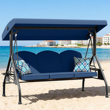 Patio Swing with Adjustable Canopy 3-Seat Outdoor Porch Swing with Stand for Adults 2-in-1 Convertible Swing Bed