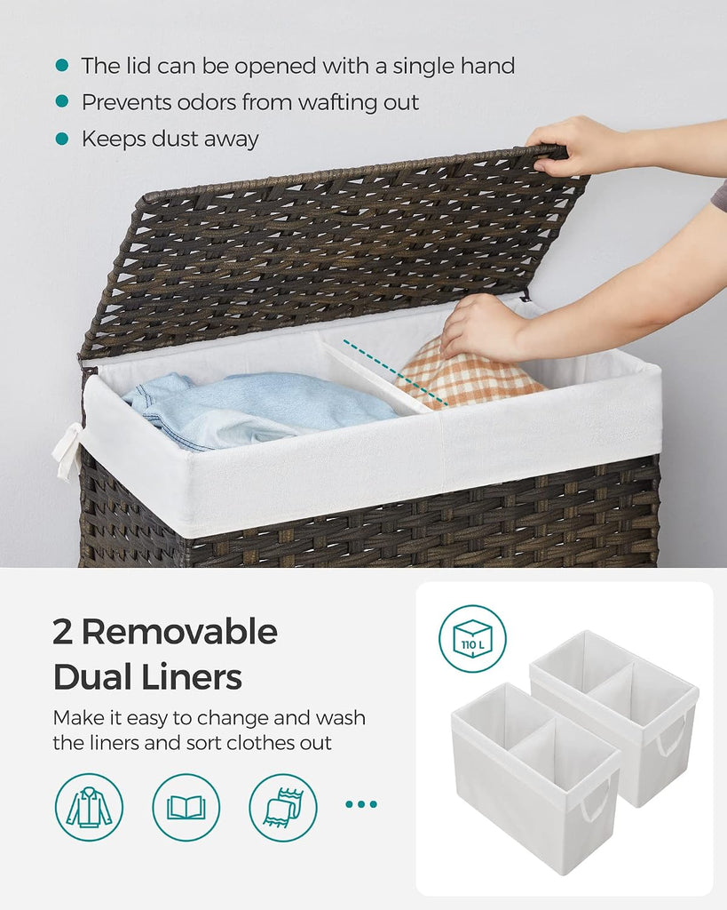 Laundry Hamper with Lid, 110L Wicker Laundry Basket | 6 Mesh Bags, 2 Removable Liner Bags, 13 x 22.4 x 23.6 Inches