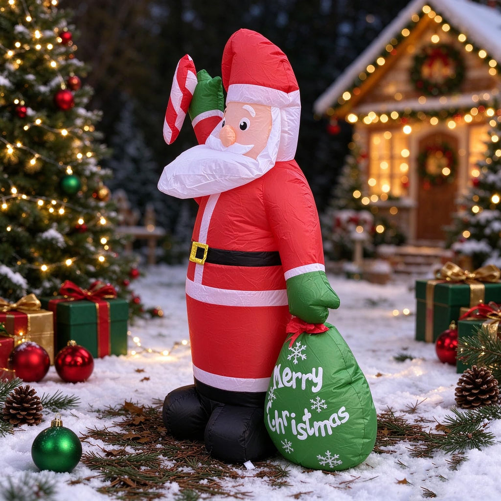 4FT Christmas Inflatable Santa Claus Yard Decoration, Blow‐up Santa with LED Light, Candy Cane & Gift Bag, Polyester