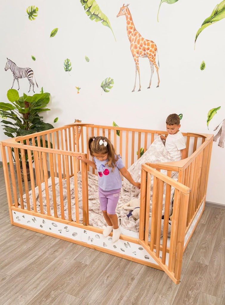 Montessori Floor Bed with Extra High Rails and Locking Door - Low Toddler Bed Frame with Slats - Twin/Full/Queen