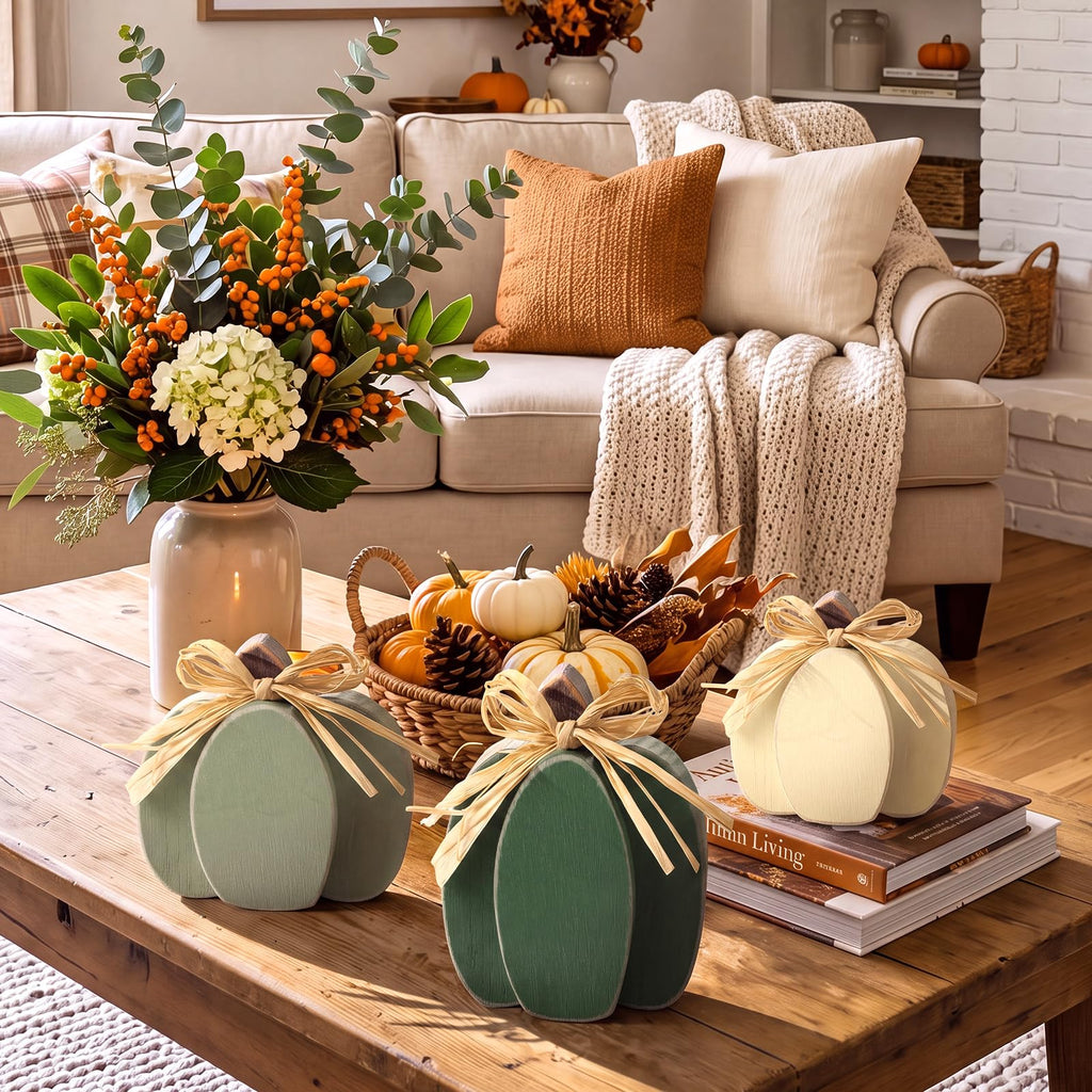 3 Pcs Fall Pumpkin Decor Fall Wooden Signs 3D Pumpkin Tabletop Decor Farmhouse Sign Rustic Tiered Tray Decorations