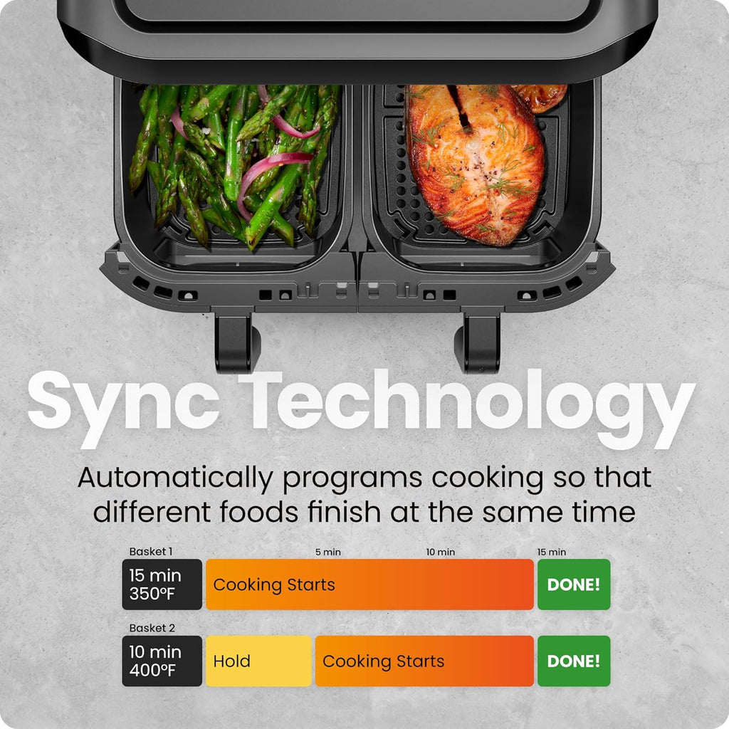 6 Quart Dual Basket Air Fryer Oven with Easy View Windows, Sync Finish, Hi-Fry, Auto Shutoff, 2 Independent 3Qt
