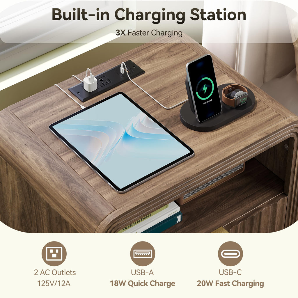 Fluted Nightstand with Charging Station, 2 Drawers, Walnut