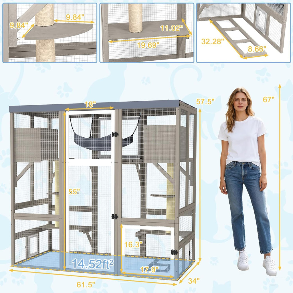 Catio Outdoor Cat Enclosure, Large Walk-in Cat House with Flat Roof