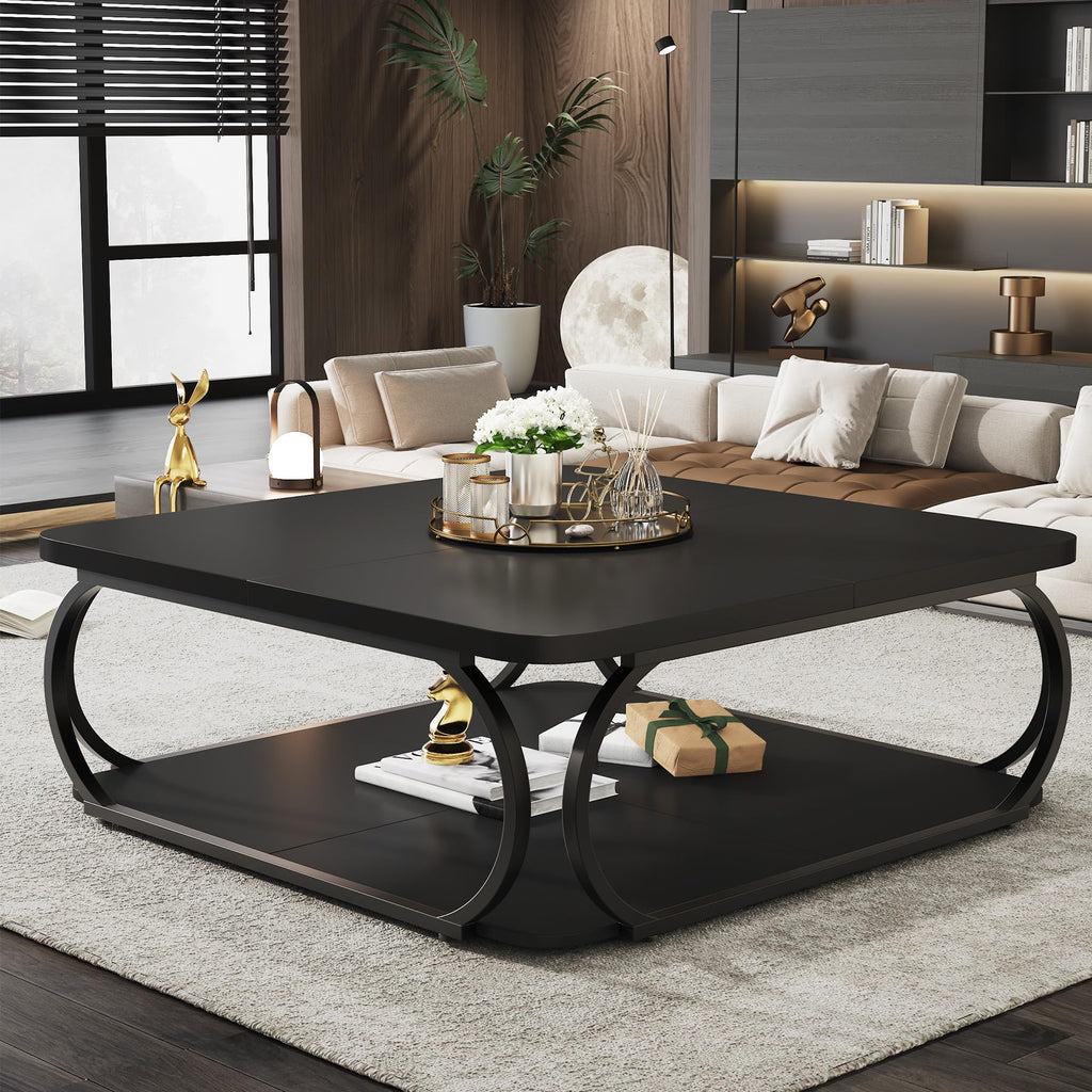 Square Coffee Table with Open Storage Shelf, 39 Inch Large Wood Center Table 2 Tier Low Coffee Tables Farmhouse Tea
