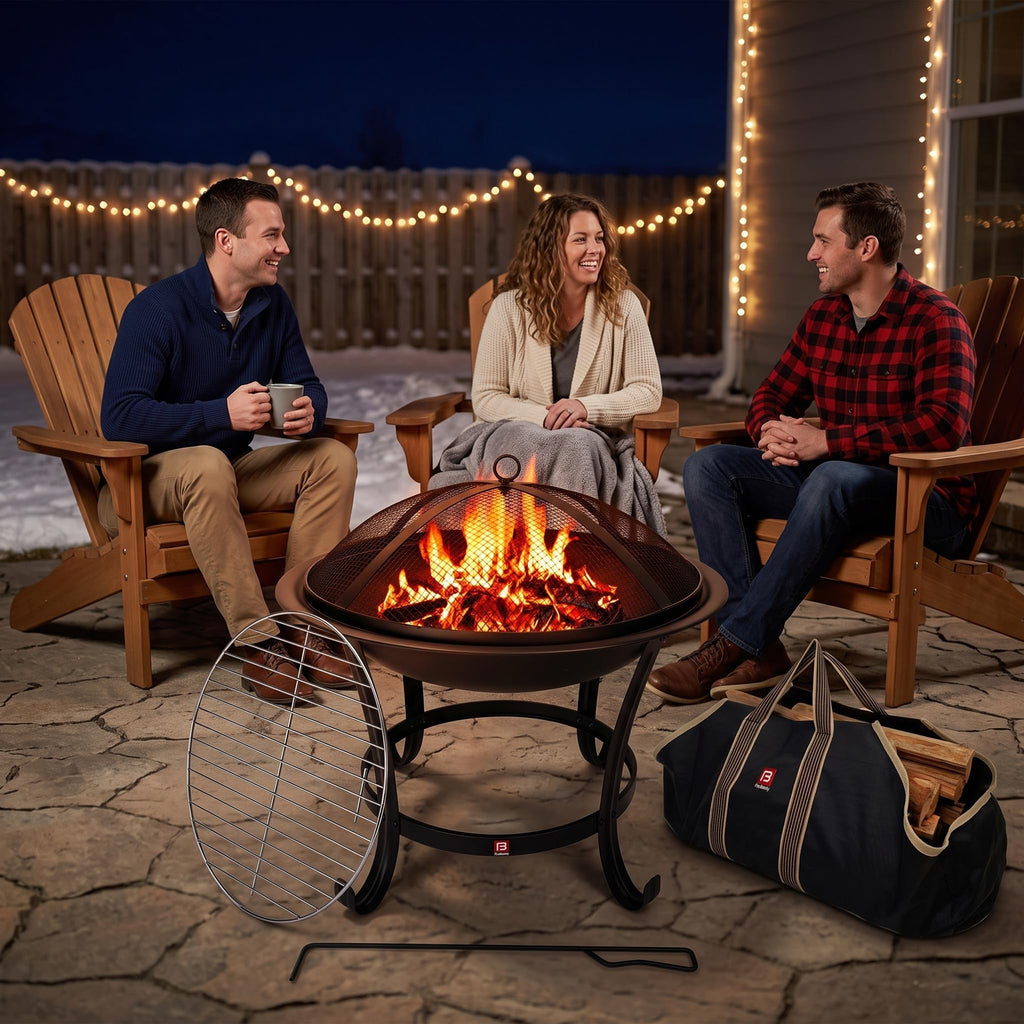 22" Fire Pit with 2-in-1 BBQ Grill, Spark Screen & Tote Bag